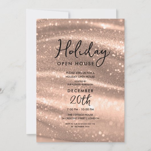 Elegant Holiday Open House Rose Gold Sparkle Glam Kaart (Voorkant)