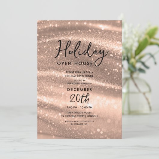 Elegant Holiday Open House Rose Gold Sparkle Glam Kaart (Staand voorkant)