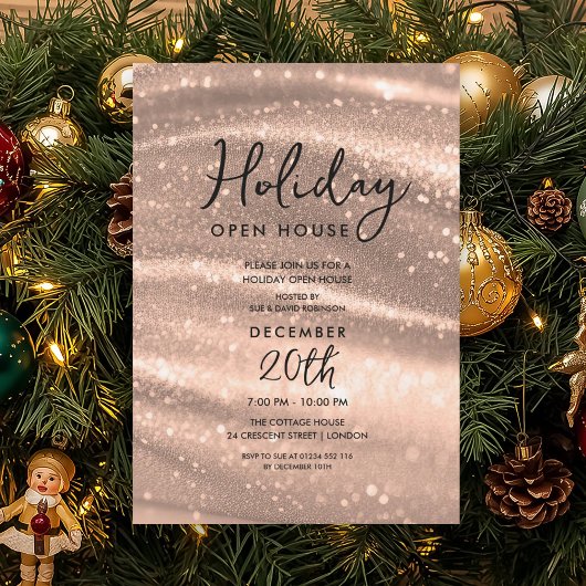 Elegant Holiday Open House Rose Gold Sparkle Glam Kaart
