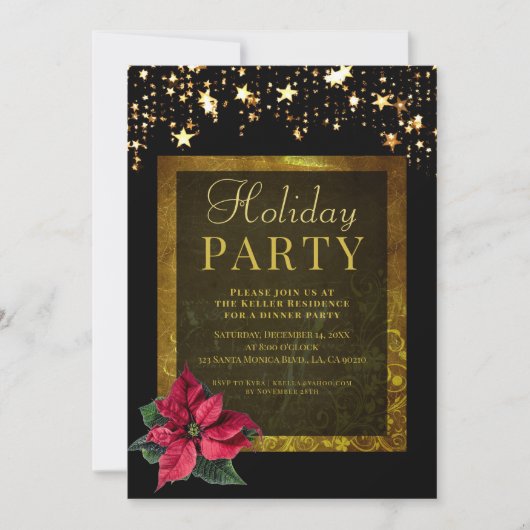 Elegant Holiday Party Black and Gold Invitation Kaart (Voorkant)
