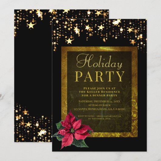 Elegant Holiday Party Black and Gold Invitation Kaart (Voorkant / Achterkant)
