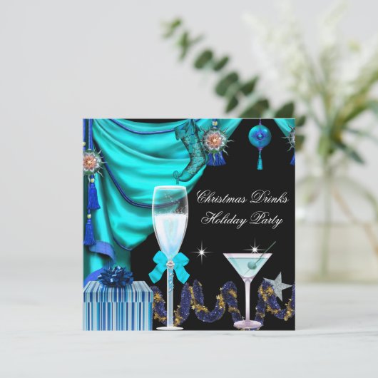 Elegant Holiday Party Kerstblauw Witte Drinken Kaart (Staand voorkant)