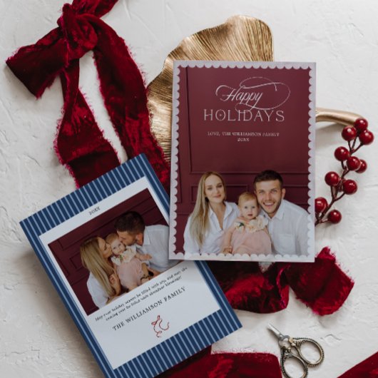 Elegant Holiday Photo Card with Scalloped Border Kaart