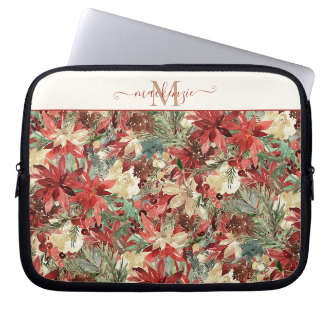 Elegant Holiday Poinsettia Floral Monogram Laptop Sleeve (Voorkant)