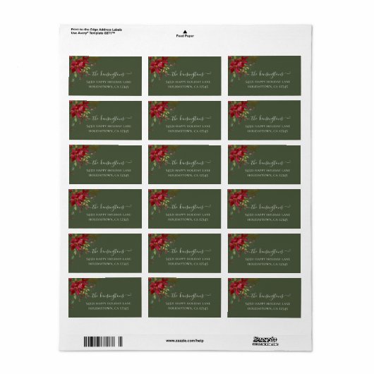 Elegant Holiday Poinsettia Holly Adres Etiket (Full Sheet)