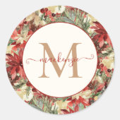 Elegant Holiday Poinsettia kerstmonogram Ronde Sticker (Voorkant)