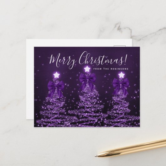Elegant Holiday Purple Christmas Trees Bows Briefkaart (Voorkant / Achterkant in situ)