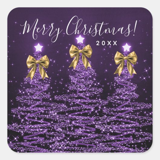 Elegant Holiday Purple Christmas Trees Bows Gold Vierkante Sticker (Voorkant)