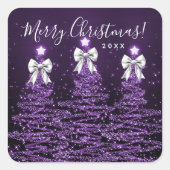 Elegant Holiday Purple Christmas Trees Bows Silver Vierkante Sticker (Voorkant)