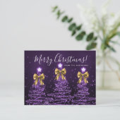 Elegant Holiday Purple Christmas Trees Gold Bows Briefkaart (Staand voorkant)