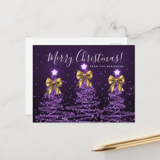 Elegant Holiday Purple Christmas Trees Gold Bows Briefkaart (Voorkant / Achterkant in situ)