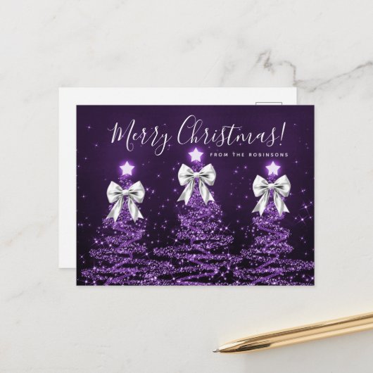 Elegant Holiday Purple Christmas Trees Silver Bows Briefkaart (Voorkant / Achterkant in situ)