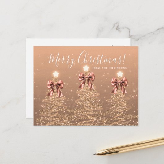 Elegant Holiday Rose Gold Christmas Trees Bows Briefkaart (Voorkant / Achterkant in situ)