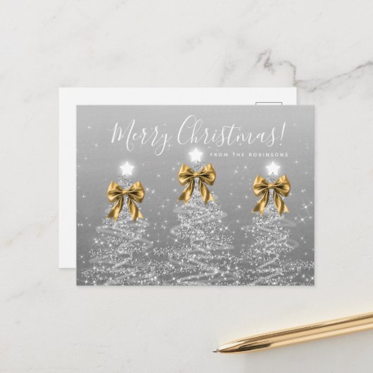 Elegant Holiday Silver Christmas Trees Gold Bows Briefkaart (Voorkant / Achterkant in situ)
