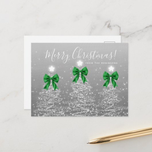 Elegant Holiday Silver Christmas Trees Green Bows Briefkaart (Voorkant / Achterkant in situ)