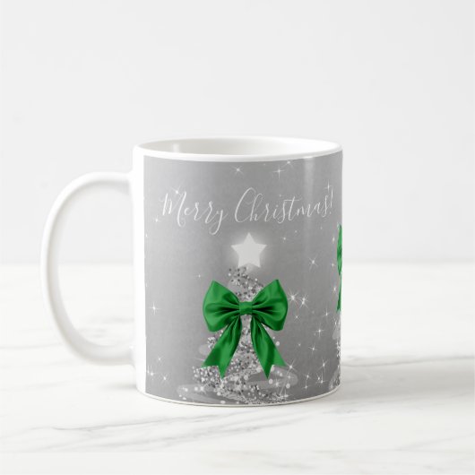 Elegant Holiday Silver Christmas Trees Green Bows Koffiemok (Links)