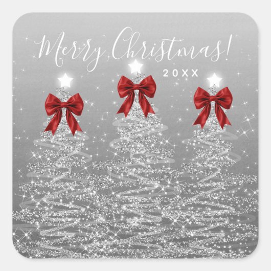 Elegant Holiday Silver Christmas Trees Red Bows Vierkante Sticker (Voorkant)
