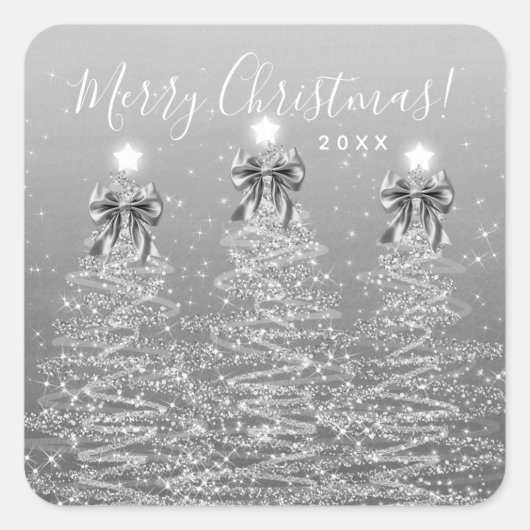 Elegant Holiday Silver Christmas Trees w/ Bows Vierkante Sticker (Voorkant)