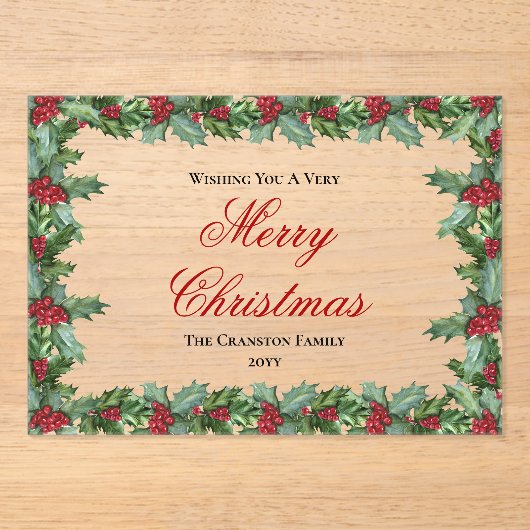 Elegant Holly and Berries Frame Christmas Acryl Uitnodigingen (Voorkant)