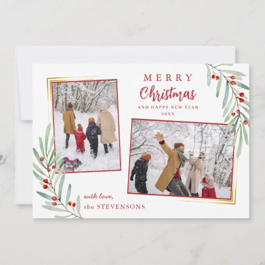 Elegant Holly Berries 2 Foto Rood Vrolijk Kerstfee Feestdagenkaart (Voorkant)
