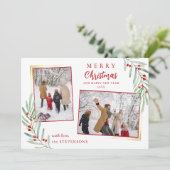 Elegant Holly Berries 2 Foto Rood Vrolijk Kerstfee Feestdagenkaart (Staand voorkant)