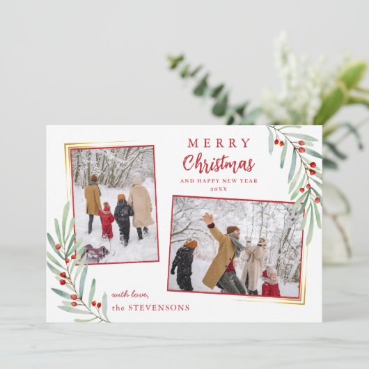 Elegant Holly Berries 2 Foto Rood Vrolijk Kerstfee Feestdagenkaart (Staand voorkant)