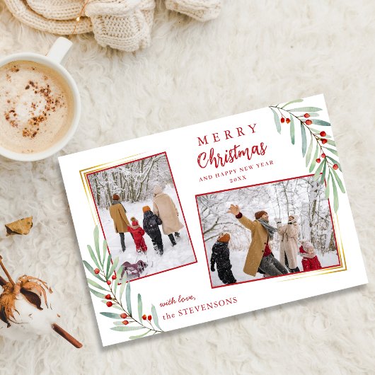 Elegant Holly Berries 2 Foto Rood Vrolijk Kerstfee Feestdagenkaart