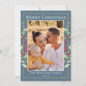 Elegant Holly Berries Blue Gray Kerstmis 2 Foto Feestdagenkaart (Voorkant)