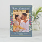 Elegant Holly Berries Blue Gray Kerstmis 2 Foto Feestdagenkaart (Staand voorkant)