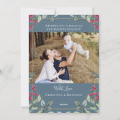 Elegant Holly Berries Blue Gray Kerstmis 2 Foto Feestdagenkaart (Achterkant)