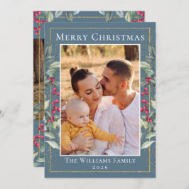 Elegant Holly Berries Blue Gray Kerstmis 2 Foto Feestdagenkaart