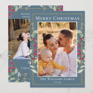 Elegant Holly Berries Blue Gray Kerstmis 2 Foto Feestdagenkaart