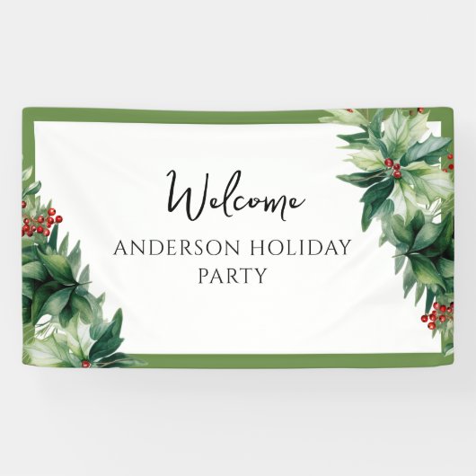 Elegant Holly Berries Christmas Party Welcome  Spandoek (Horizontaal)