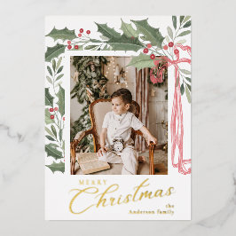 Elegant Holly Berries | Family Photo Christmas Folie Feestdagenkaart