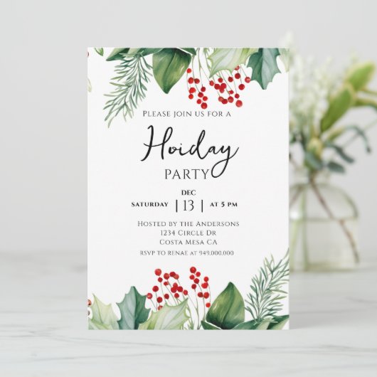 Elegant Holly Berries Holiday Party Invitation Kaart (Staand voorkant)