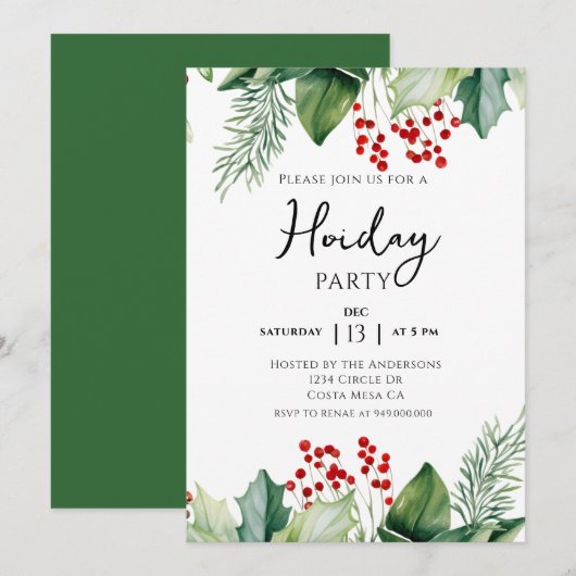 Elegant Holly Berries Holiday Party Invitation Kaart (Voorkant / Achterkant)