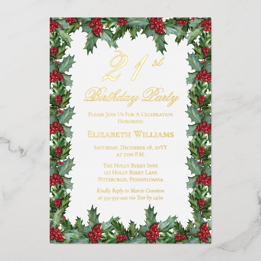 Elegant Holly | Berries Lijst 21ste verjaardagsfee Folie Uitnodiging (Voorkant)