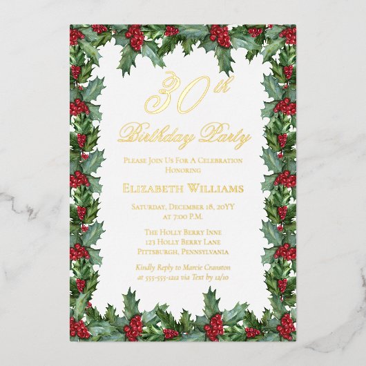Elegant Holly | Berries Lijst 30ste verjaardagsfee Folie Uitnodiging (Voorkant)