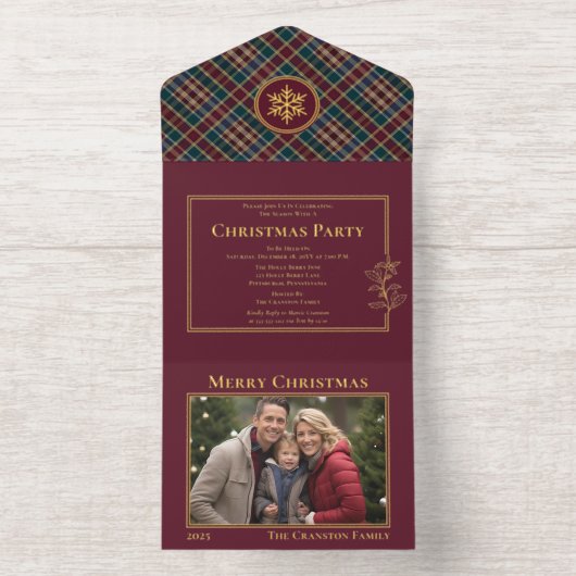 Elegant Holly Berries Plaid Photo Christmas Party All In One Uitnodiging (Binnenkant)