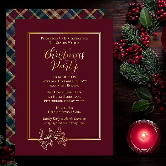 Elegant Holly | Berries Rich Plaid Kerstfeest Folie Uitnodiging
