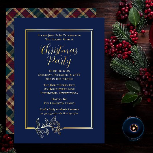 Elegant Holly | Berries Rich Plaid Kerstfeest Folie Uitnodiging