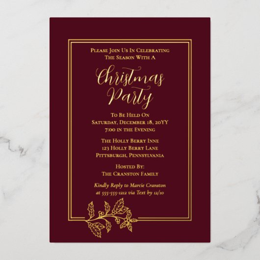 Elegant Holly | Berries Rich Plaid Kerstfeest Folie Uitnodiging (Voorkant)