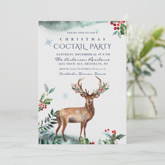 Elegant Holly Berry Deer kerstCOCTAIL PARTIJ Kaart (Staand voorkant)