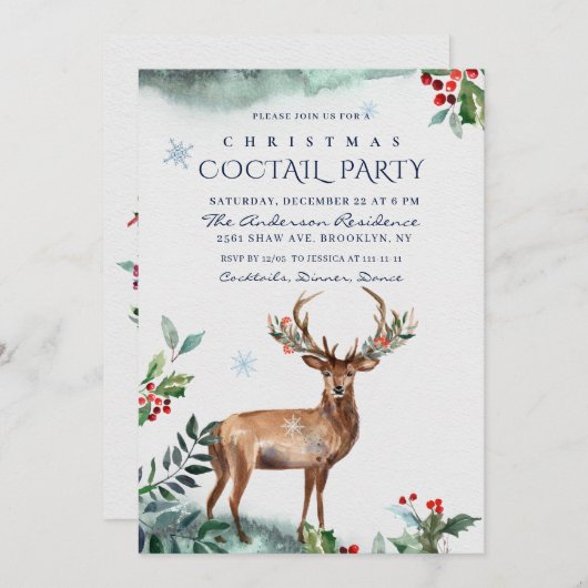 Elegant Holly Berry Deer kerstCOCTAIL PARTIJ Kaart (Voorkant / Achterkant)