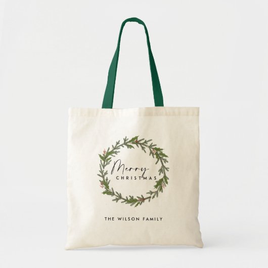 ELEGANT HOLLY BERRY GREEN WREATH MERRY CHRISTMAS TOTE BAG (Voorkant)