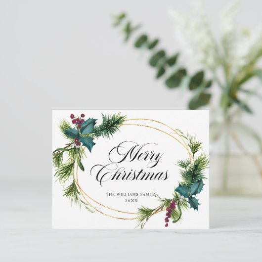 Elegant Holly Berry Kerstfeest Greeting Holiday Briefkaart (Staand voorkant)