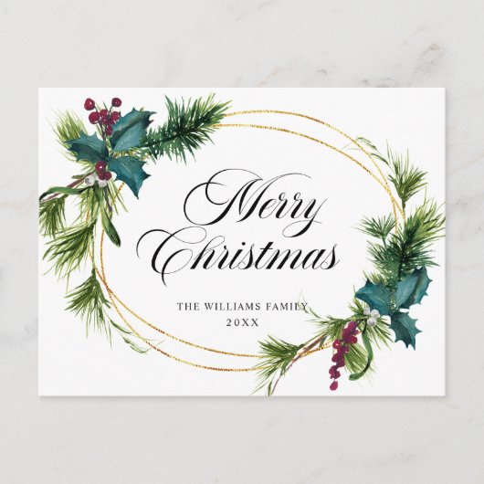 Elegant Holly Berry Kerstfeest Greeting Holiday Briefkaart (Voorkant)