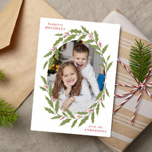 Elegant Holly Berry Oval Wreator 3 Foto Feestdagenkaart