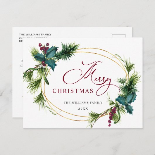 Elegant Holly Berry Pine Fir kerstavond Briefkaart (Voorkant / Achterkant)