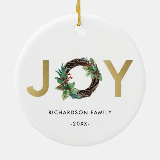 ELEGANT HOLLY BERRY RED GOLD JOY WREATH CHRISTMAS KERAMISCH ORNAMENT (Achterkant)